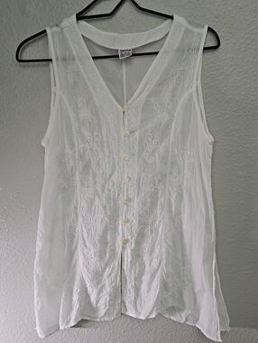 VTG Geeta India Embroidered Cotton V-Neck Tank Top White Boho Free Size EUC